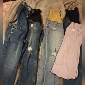 Three pair of xs jeans, Gap overalls and lilac colored shirt with eyelet sleeves